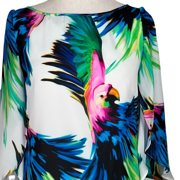 Milly Gorgeous Silk Parrot Dress With Butterfly Sleeves Vibrant Colors Lined 4 - Picture 2 of 16